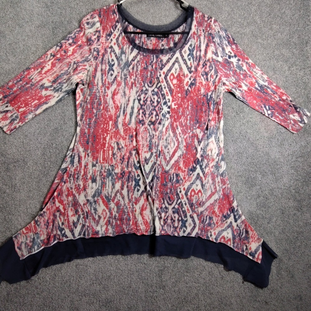 Casual Express Women's Blouse S Red Abstract Asymmetric 3/4 Sleeve Top
